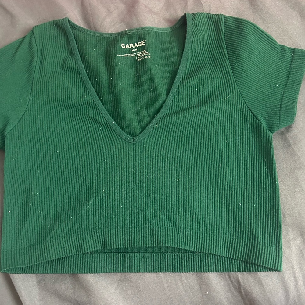 Garage Green Ribbed V-Neck Crop Top